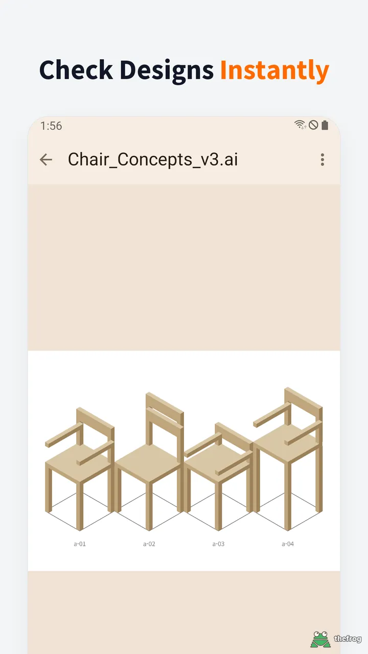 AI File Viewer showing an Illustrator file with four chair concept designs