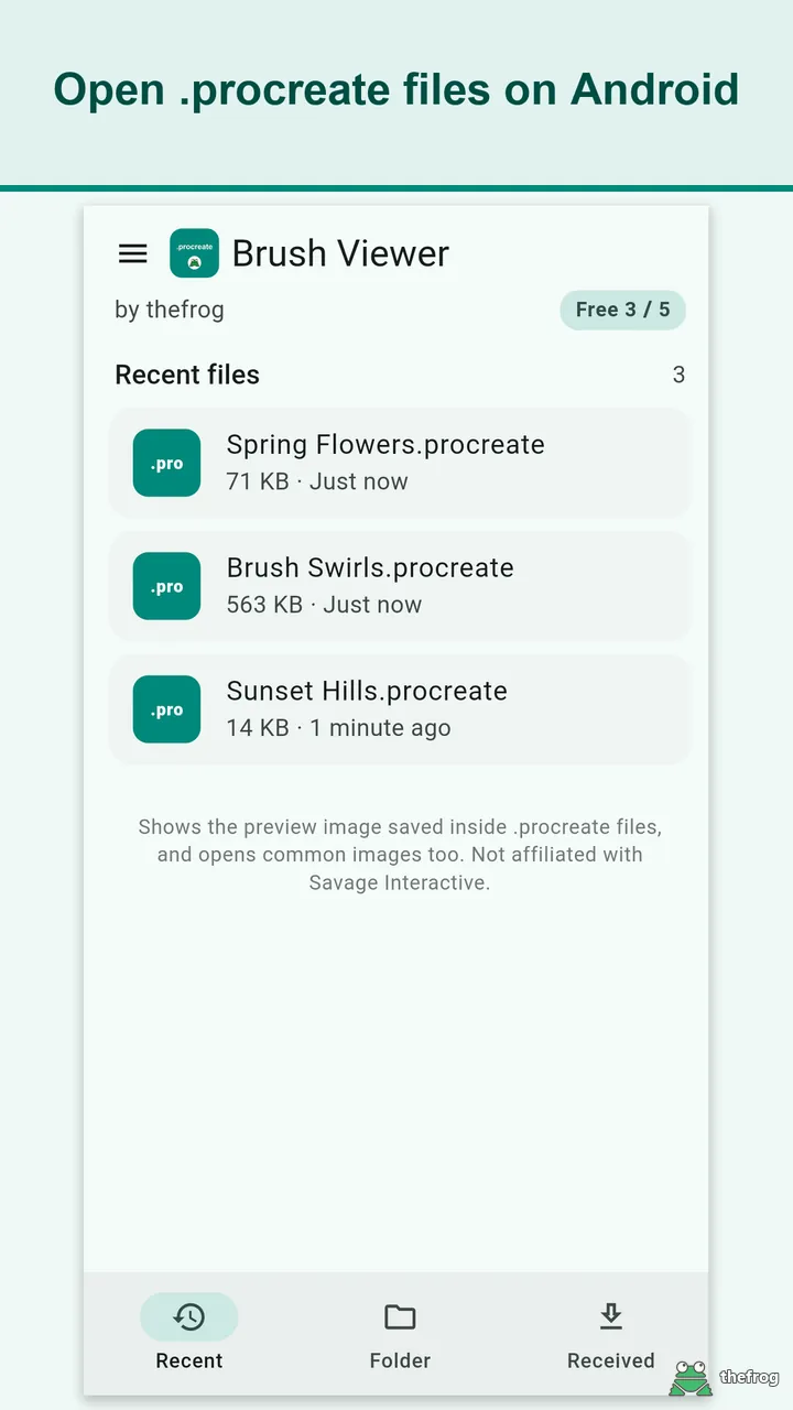 Brush Viewer home screen for opening .procreate files on Android