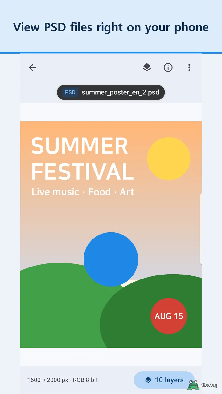 PSD Viewer showing a summer poster PSD file with its document info bar